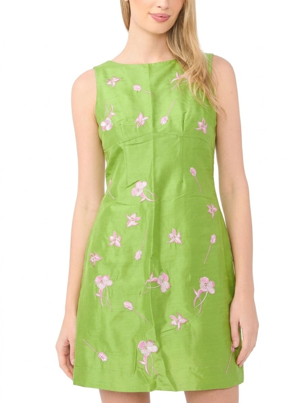 Tibi Hyland Silk Embroidered Sleeveless Shift Dress Green Pink Floral Size 8